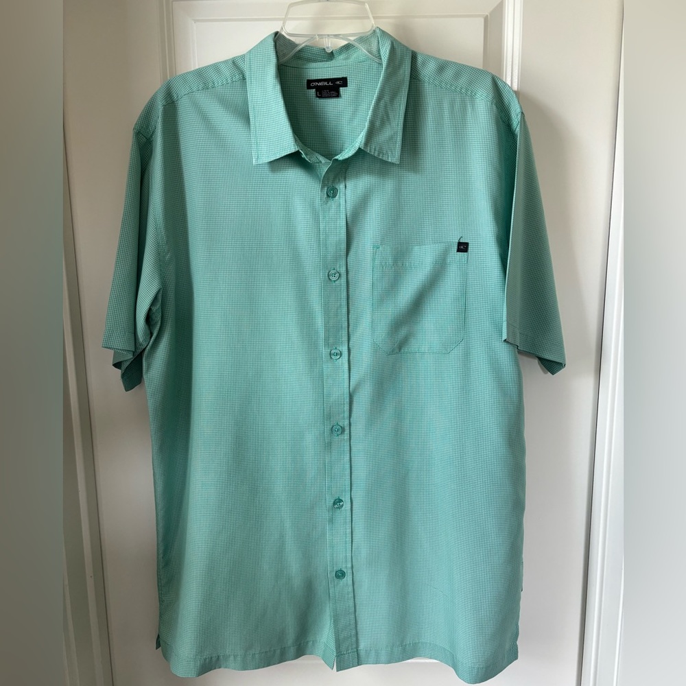 O’Neill Button Down Short Sleeve Shirt, Green & White, Size L